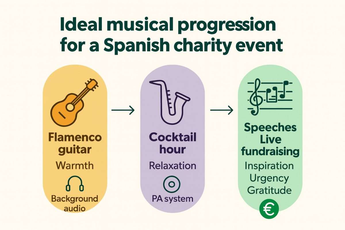 Guitar illustration with yellow background, symbolizing warmth, for Spanish charity event promotion.