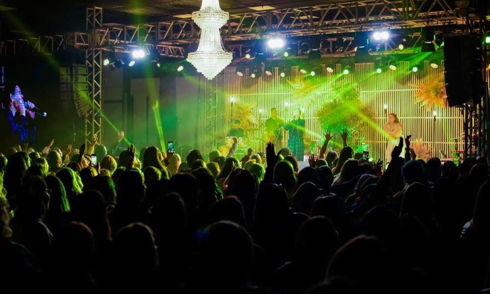 Calle Habana Band performing live on stage with vibrant lights and an energetic crowd, showcasing top Cuban music and entertainment.