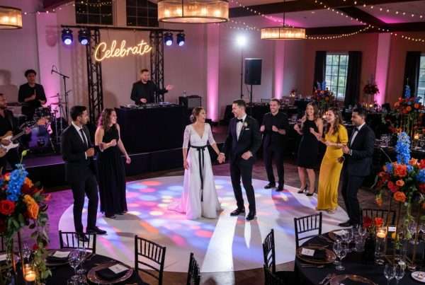 Modern wedding dance floor with band and DJ