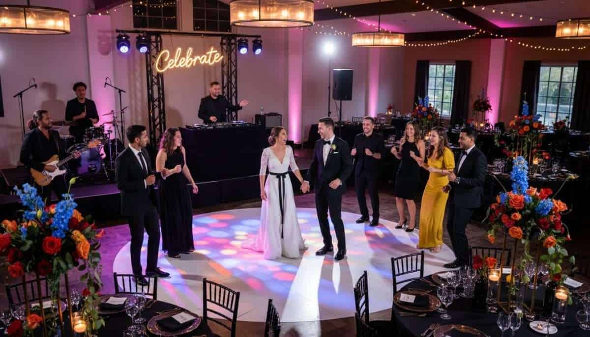 Modern wedding dance floor with band and DJ