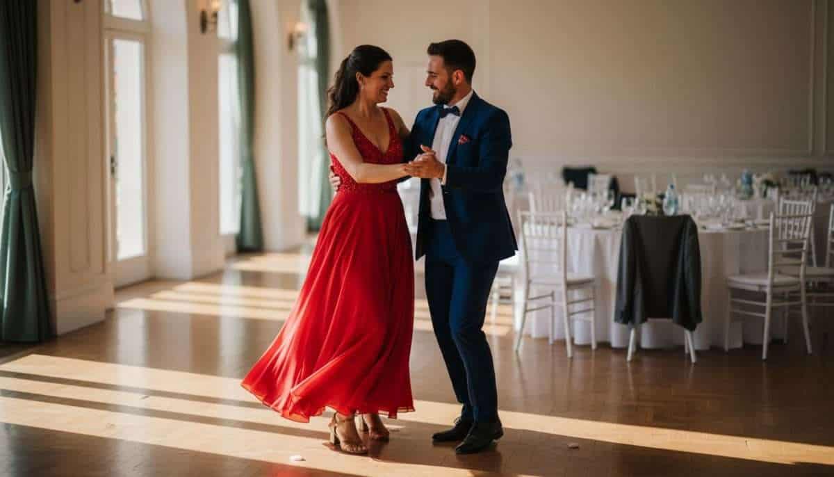 Couple dancing salsa in event hall
