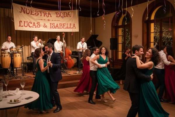 Wedding guests dancing to live Latin band