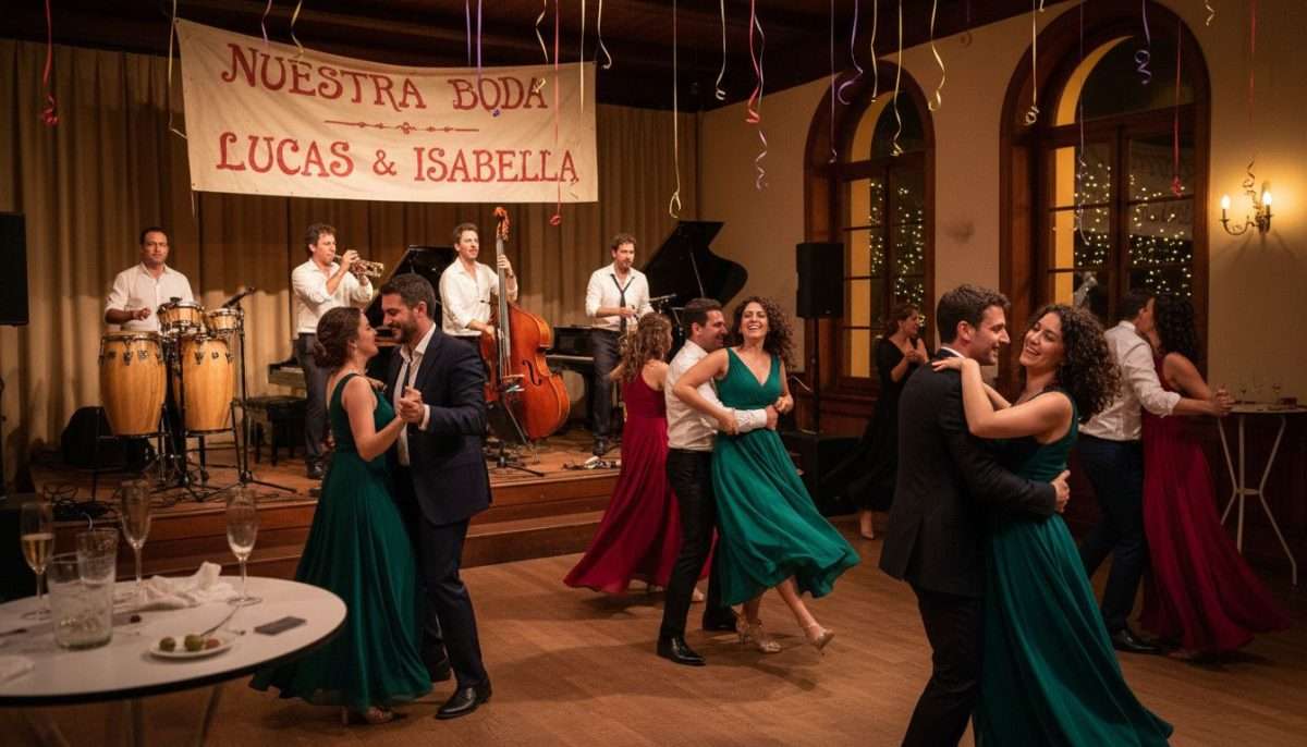 Wedding guests dancing to live Latin band
